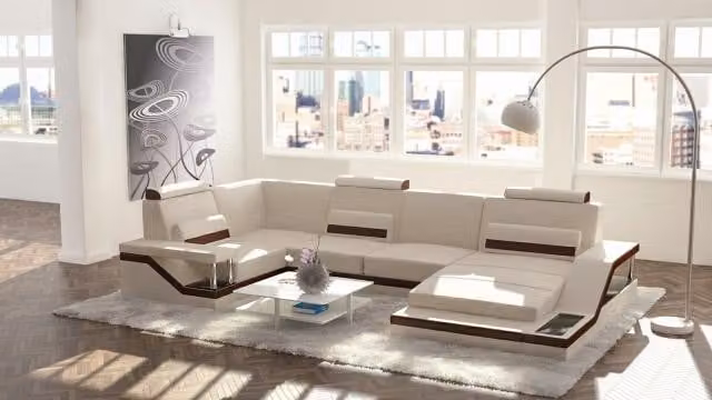 Wohnlandschaft Sofa + USB Polster Ecke Ecksofa Garnitur Leder Sofas
