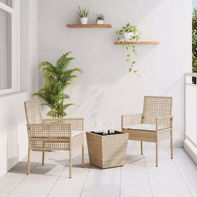Set Bistro da Giardino Moderno vidaXL in Polyrattan e Vetro Beige, 3 Pezzi