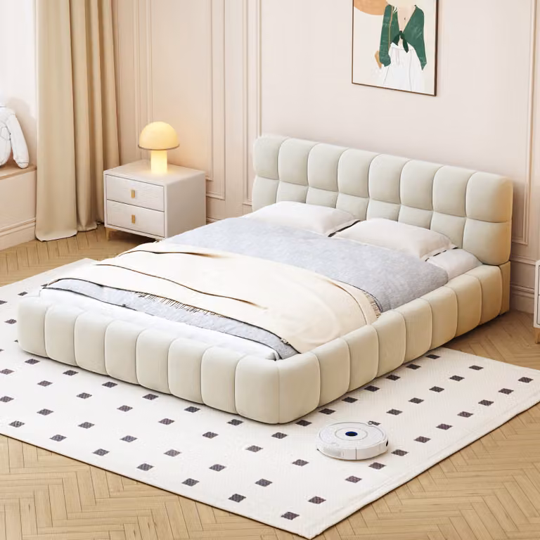 Letto imbottito matrimoniale 140x200 cm, con rete a doghe, testata morbida, tessuto di lino, beige, design moderno, ideale per camere da letto, comodo ed elegante