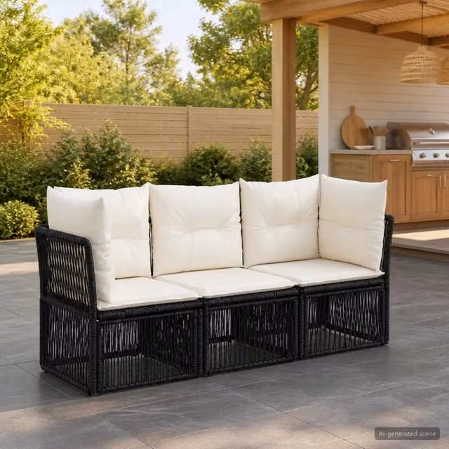 Set Divano da Giardino a L vidaXL in Polyrattan Nero con Cuscini e Struttura in Acciaio