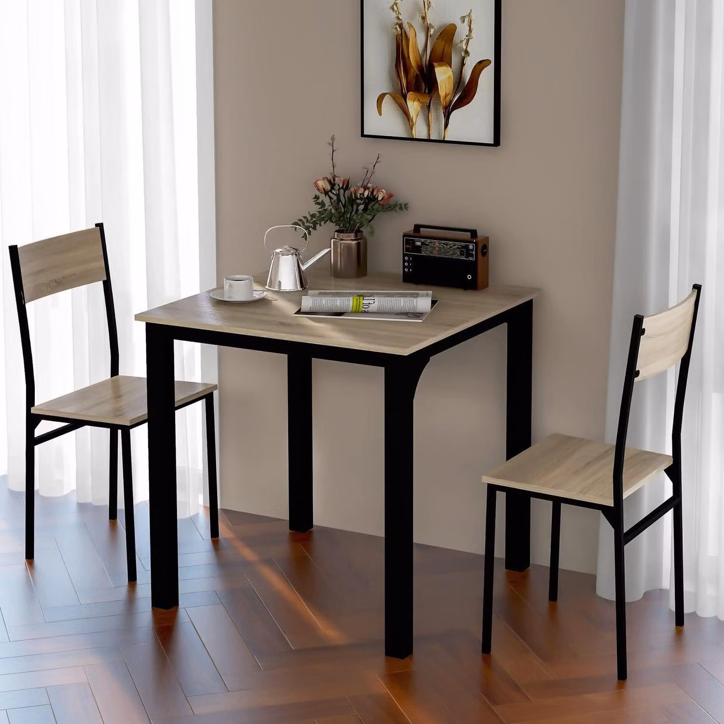 Tavolo da pranzo con 2 sedie, compatto, quadrato, ideale per balcone e sala da pranzo, colore naturale