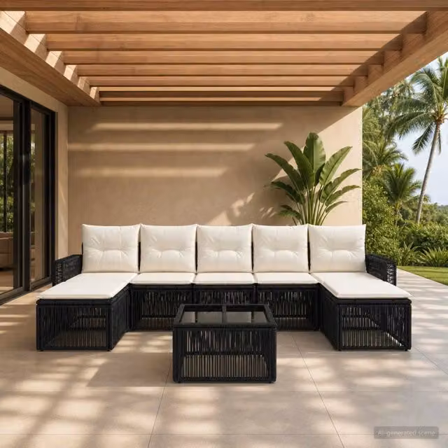 Set da giardino moderno vidaXL composto da 8 pezzi con divani, tavolino e pouf in rattan, colori nero, bianco e beige