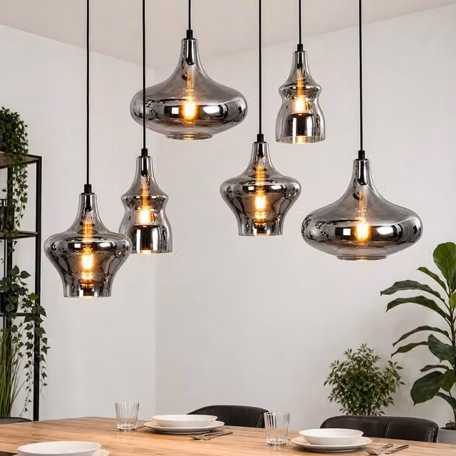 ZMH Lampada a Sospensione E27 Vintage 6 Luci Grigio Fumo Per Tavolo da Pranzo Sala da Pranzo Senza Lampadine