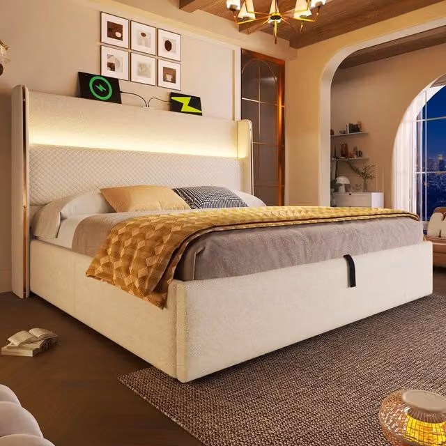 Letto Contenitore Matrimoniale con Testiera LED e USB ¨C MINIMAL ¨C Tessuto Beige 140x200