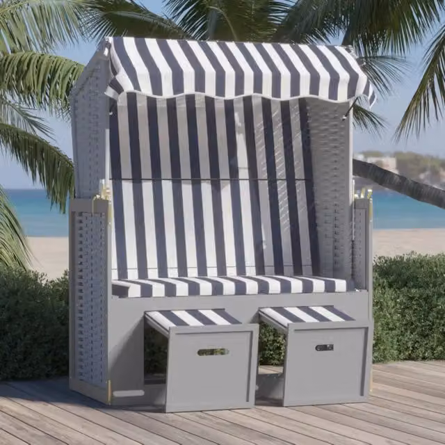 Sedia a sdraio Strandkorb vidaXL in polyrattan e legno con tendalino e cuscini, fantasia a righe blu, bianco e grigio per giardino