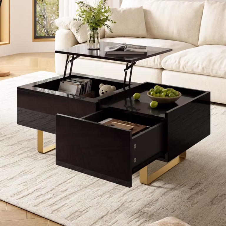Tavolino da divano regolabile in altezza con finitura lucida, cassetto e gambe in ferro, realizzato in MDF con finitura lucida. Tavolino da salotto moderno, nero, con spazio contenitivo