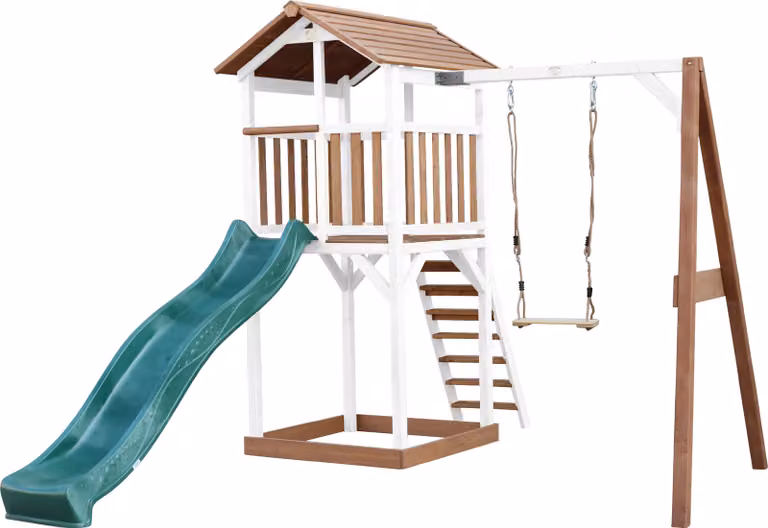 AXI Beach Tower parco giochi in legno in marrone e bianco | Torre di gioco con sabbiera, altalena e scivolo verde | Casa per bambini su palafitte per il giardino