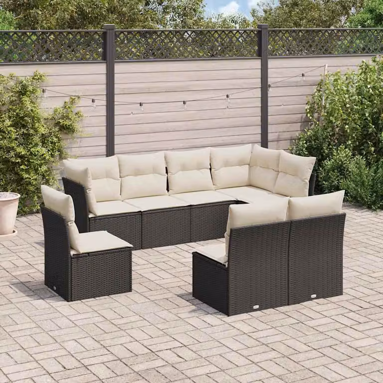 Set di divani da giardino vidaXL in polyrattan nero con 8 cuscini e coperture rimovibili