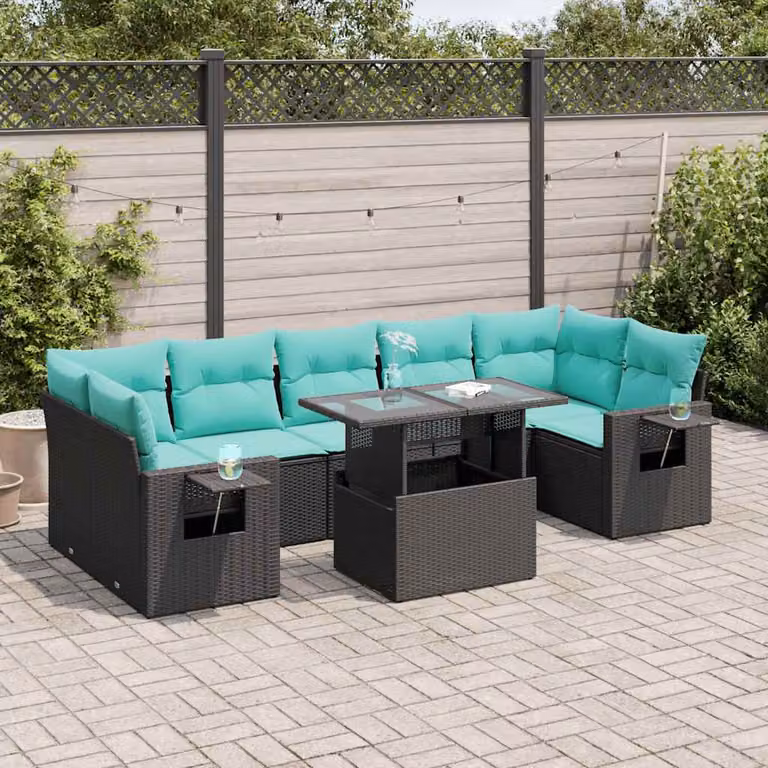 Set Divani da Giardino vidaXL 8 pz in Polyrattan con Cuscini e Tavolino, L-Shape, Nero