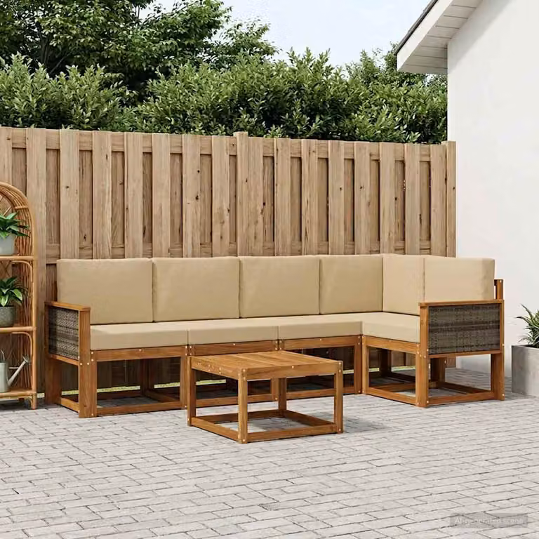 Set di divani da esterno vidaXL in legno di acacia con cuscini, colore beige e sabbia, composto da 6 pezzi con divano a 3 posti, elementi angolari e tavolino da caffè