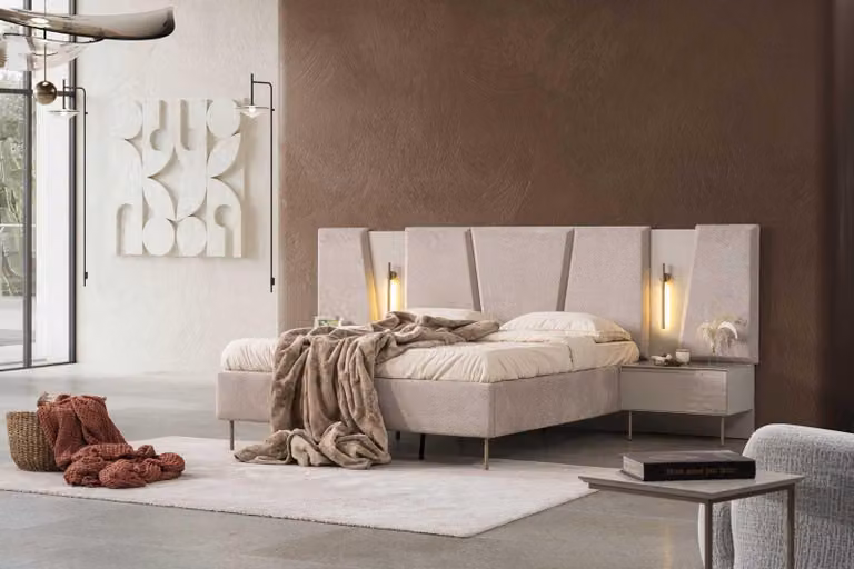 Letto, comodino, camera da letto, stile moderno, colore beige, nuovo, illuminazione