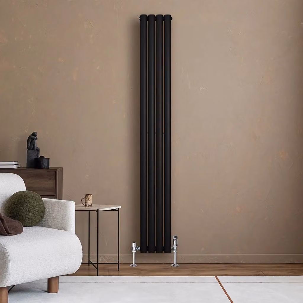 Radiatore Verticale Ovale Monstershop in Acciaio Nero con Valvole Termostatiche H: 180 cm, L: 24 cm – 2