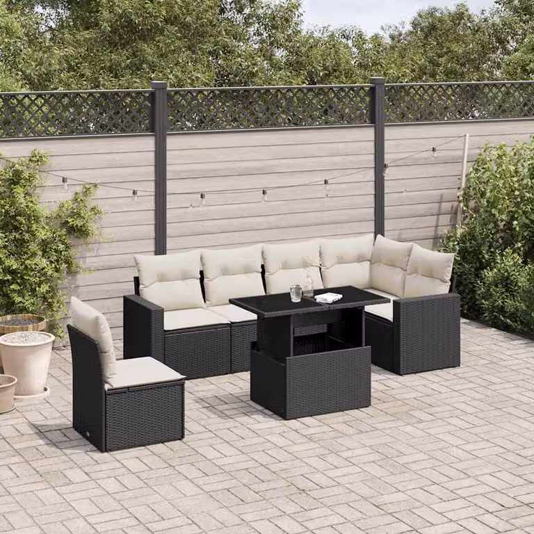 Set Divani da Giardino vidaXL a Forma di L in Polyrattan Nero con 7 Pezzi e Cuscini Inclusi
