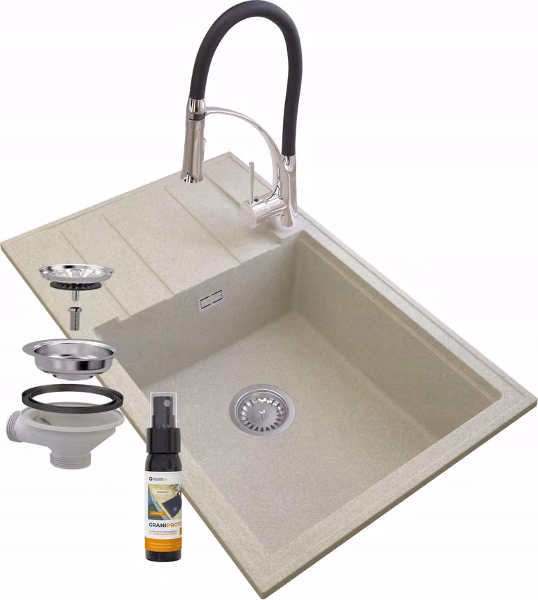 Granitan - Lavello in granito - Lavello da cucina - 80x50 cm - Beige - con rubinetteria NEXO e scolapiatti - LOUIS