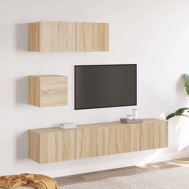 Set di 4 mobili porta TV moderni vidaXL in legno color rovere e beige per soggiorno con montaggio a parete