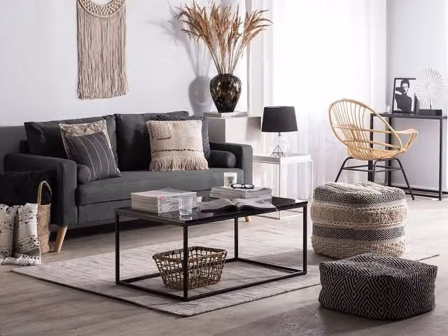 Divano a 2 posti Beliani in tessuto grigio con design capitonné moderno e cuscini inclusi L: 182 cm, P: 88 cm, H: 74 cm
