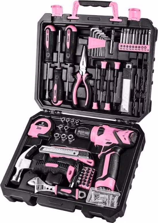 Valigetta portautensili - 126 pezzi - riempita - utensili - set di utensili - mandrino rapido - con trapano a batteria 8V - set di utensili manuali per il fai da te - Rosa