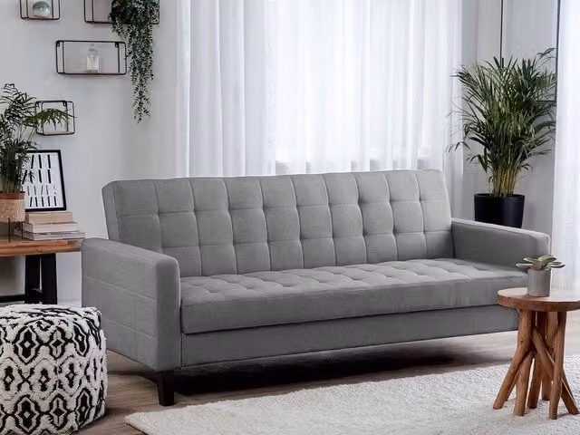 Divano Letto Beliani a 3 Posti in Tessuto Grigio con Funzione Click Clack e Poggiatesta Regolabile