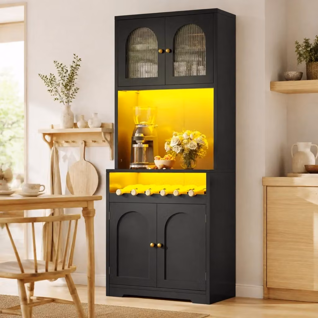 Credenza da cucina moderna Mivray con LED RGB, ante in vetro e portabottiglie, finitura nera opaca in MDF e metallo, L: 140 cm, P: 38.3 cm, H: 180 cm – 2