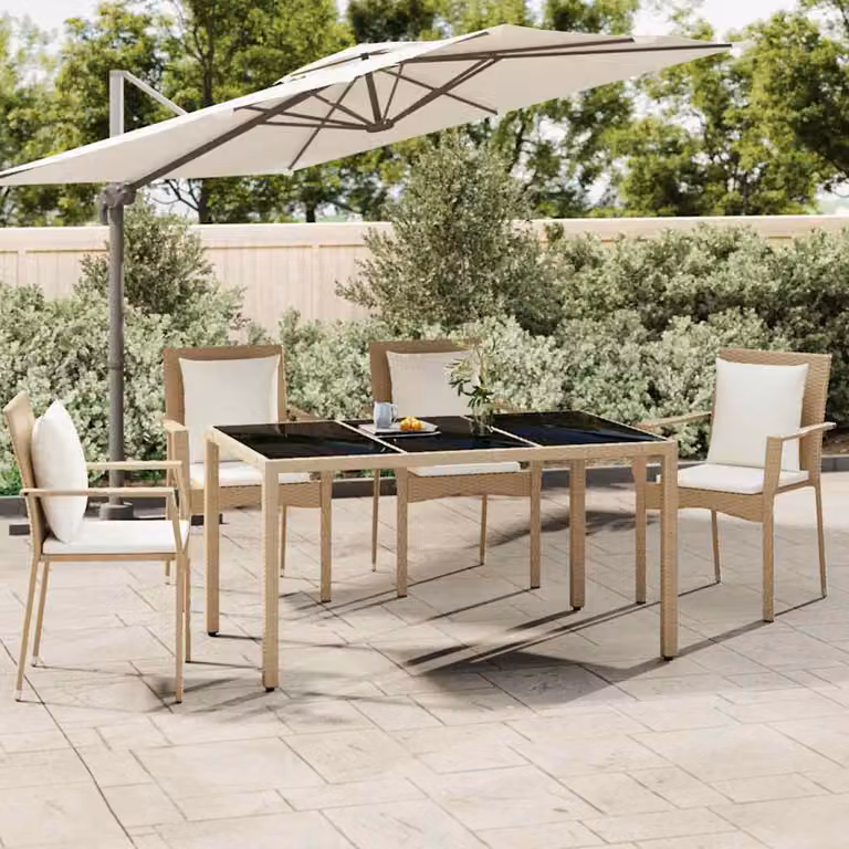 vidaXL Tavolo da Giardino Moderno in Polyrattan e Vetro Temperato Beige L: 150 x P: 90 x H: 75 cm