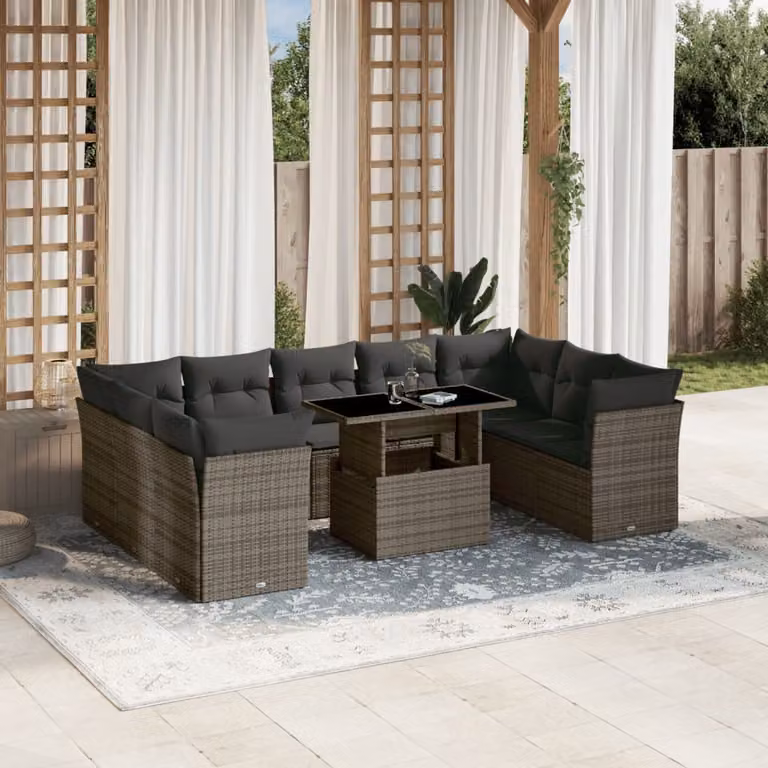 vidaXL Set Divano da Giardino 10 pz in Polyrattan Grigio con Cuscini e Tavolino
