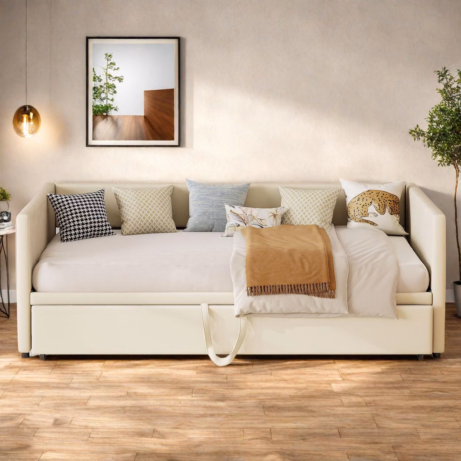 Divano-letto allungabile 90x200 cm in velluto beige, trasformabile in letto matrimoniale 180x200 cm, design moderno e pratico