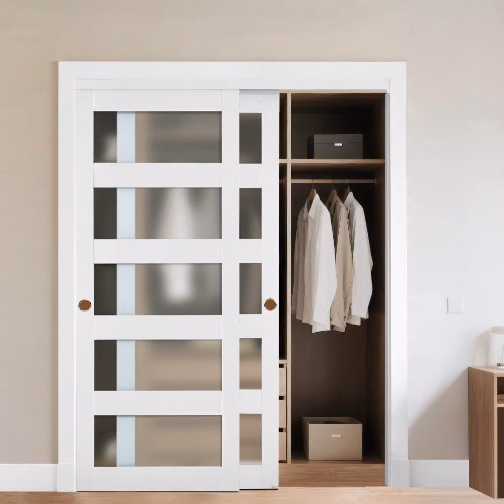 Porta scorrevole 1524 mm x 2032 mm - Apertura corrispondente - Porte in vetro bypassate con kit di installazione - Porta in legno massiccio e MDF con superficie in PVC impermeabile - Porte scorrevoli in vetro smerigliato per armadi Bianco