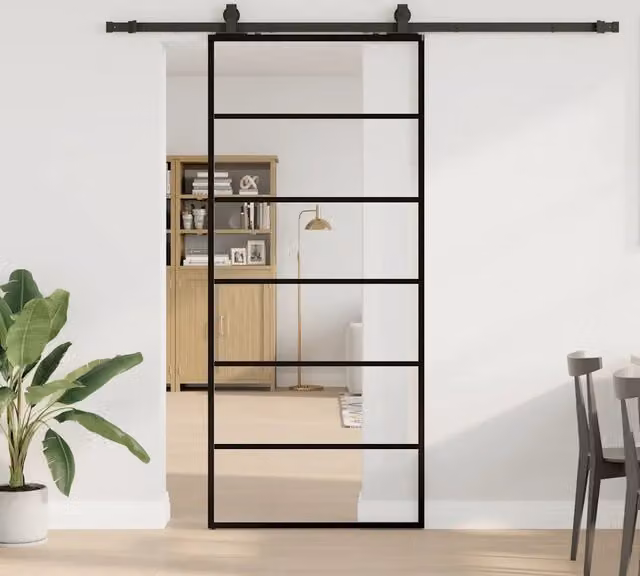 Porta Scorrevole Moderna vidaXL in Vetro Trasparente con Telaio in Alluminio Nero L: 90 cm, H: 205 cm – 1