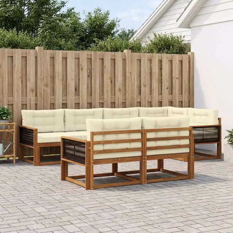 Set di divani da esterno vidaXL a forma di U in legno di acacia con cuscini, 8 pezzi, Beige e Bianco