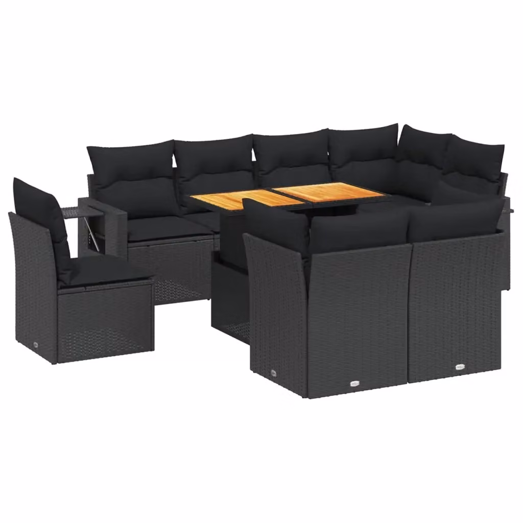 vidaXL Set Divani da Giardino a L in Polyrattan Nero con Cuscini e Tavolino da Esterno – 2