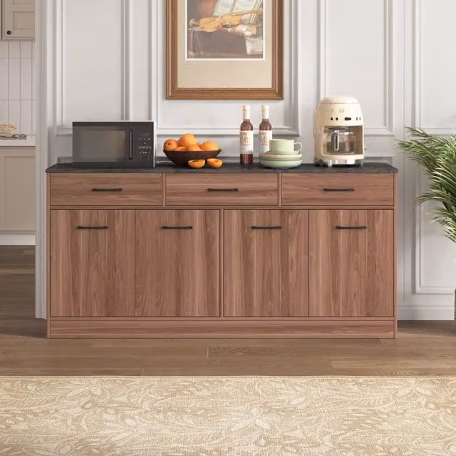 Sideboard Cucina 160x37x76,5 cm, Ottica Noce, Top Effetto Cemento, 3 Cassetti e Ripiani Regolabili