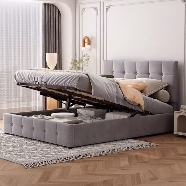 Letto imbottito 140x200 con contenitore idraulico; testiera regolabile e rivestimento in velluto grigio