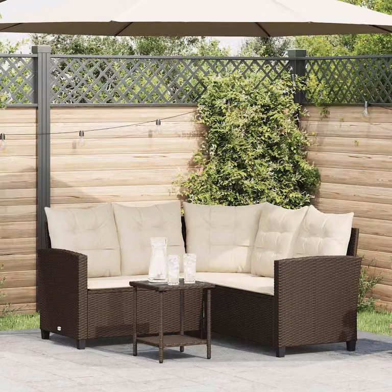 Set da giardino a L vidaXL con divano imbottito, tavolo da caffè e cuscini, struttura in rattan marrone e bianco con telaio in metallo e vetro