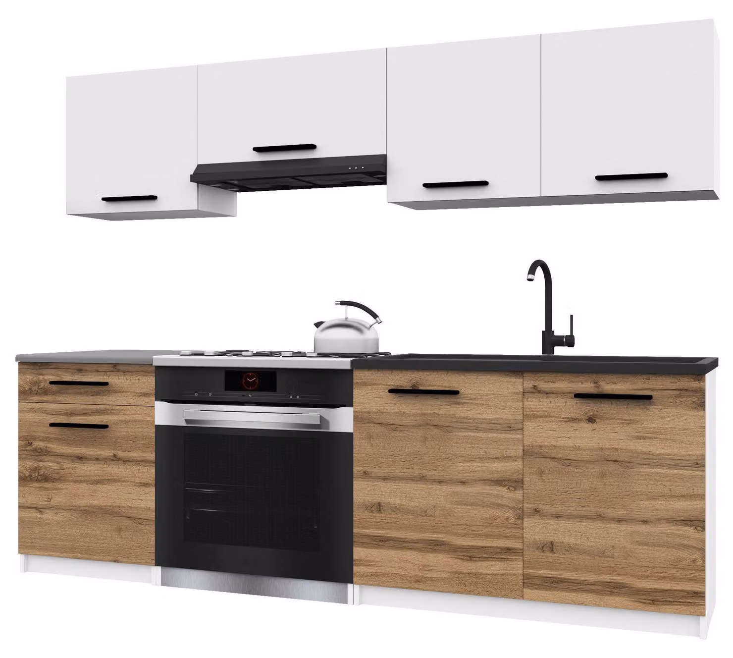 Belini - Angolo cottura moderno ITALIA 1 - Mobili da cucina 180 cm bianco-marrone dorato opaco - Cucina componibile con pensili, mobili base e piani di lavoro
