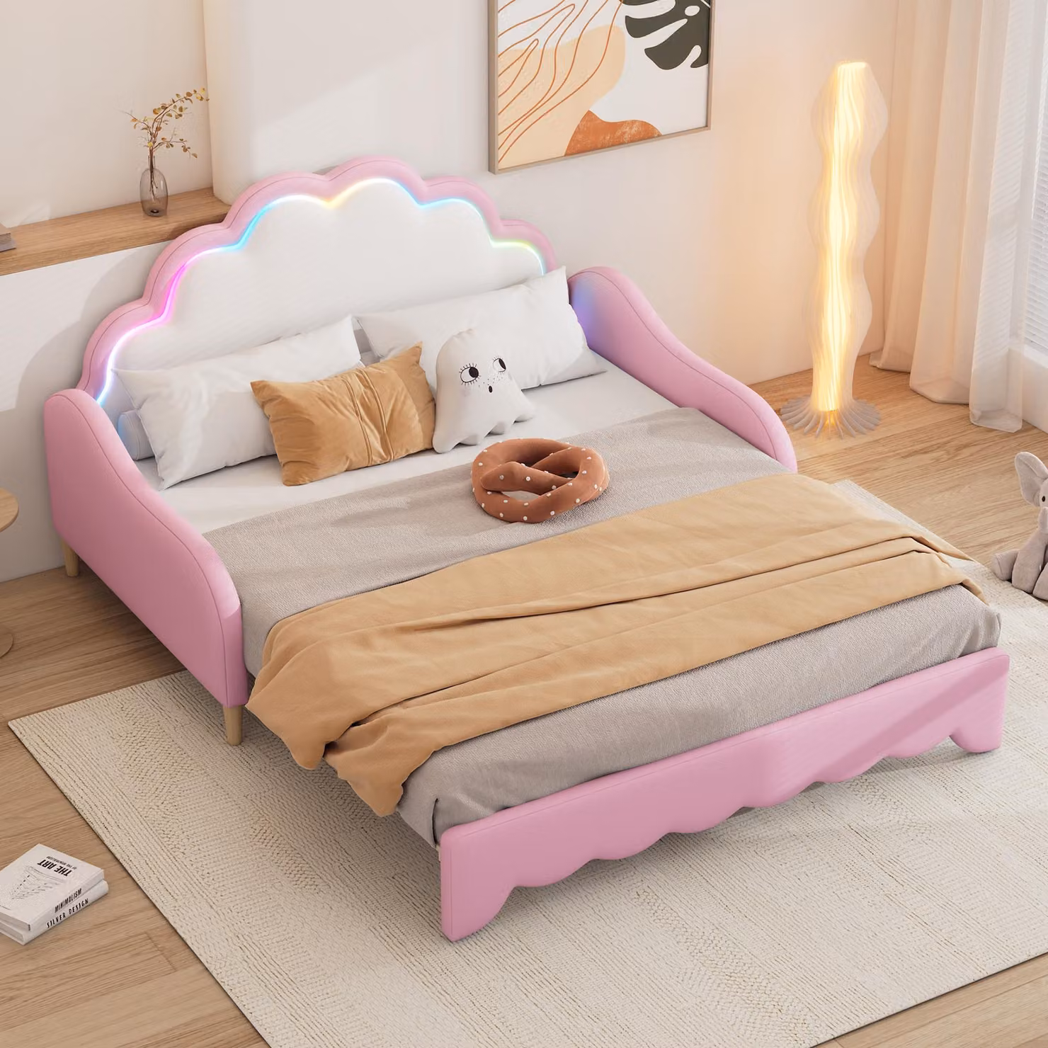 STILVORA Letto imbottito 140×200 cm, letto per bambini con illuminazione a LED, con due forme di divano letto e letto piatto, design multifunzionale, rosa