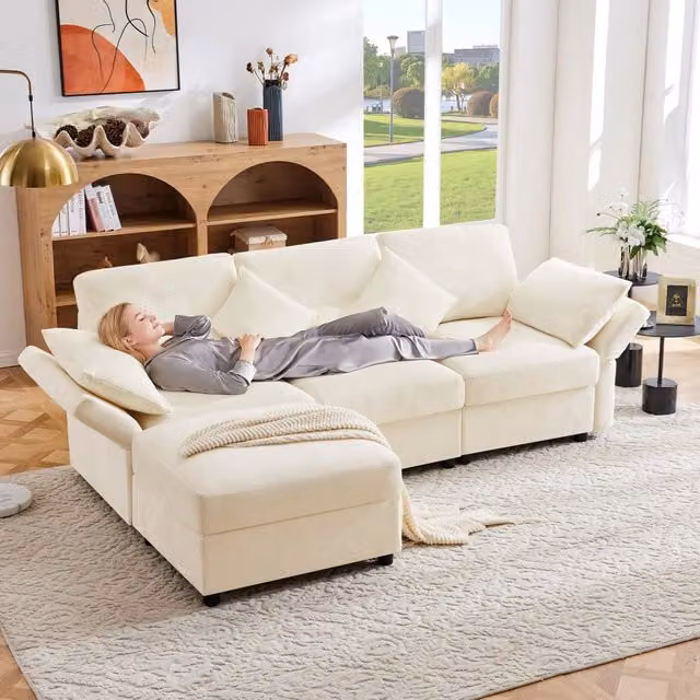Divano Angolare 3 Posti con Poggiapiedi e Cuscini ¨C MINIMAL ¨C Chenille Beige, Braccioli Regolabili