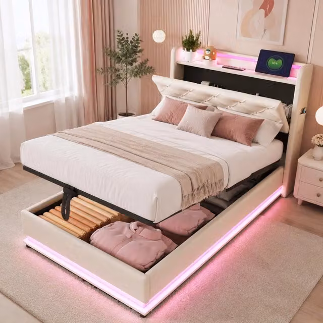 Letto singolo imbottito 90x200 cm in lino beige con luci RGB, USB e sottotesta apribile con vano idraulico