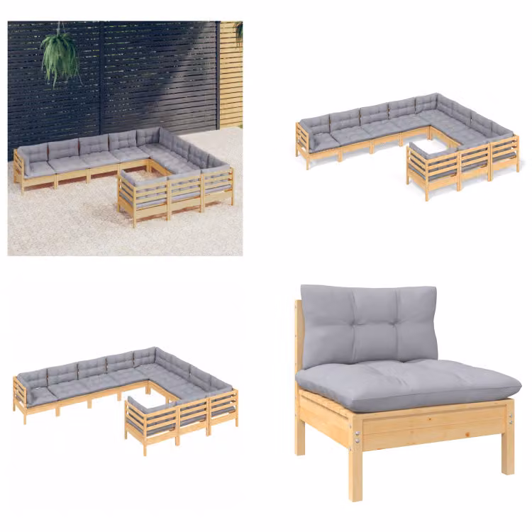 vidaXL Set salotto da giardino 10 pezzi con cuscini grigi in legno di pino - Set salotto da giardino - Set salotto da giardino - Set mobili da giardino - Set mobili da giardino