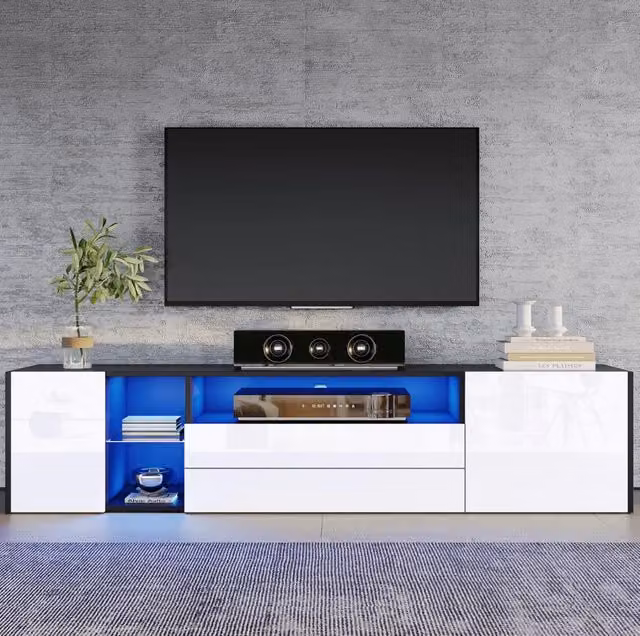 Mobile TV ULEVR 180x40x45 cm con LED controllabile via app, 2 cassetti e 2 vani chiusi, bianco e nero