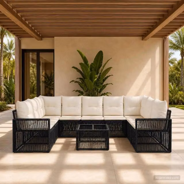 Set Divano da Giardino a U vidaXL in Polyrattan con Tavolino e Cuscini, Nero e Bianco Crema – 1