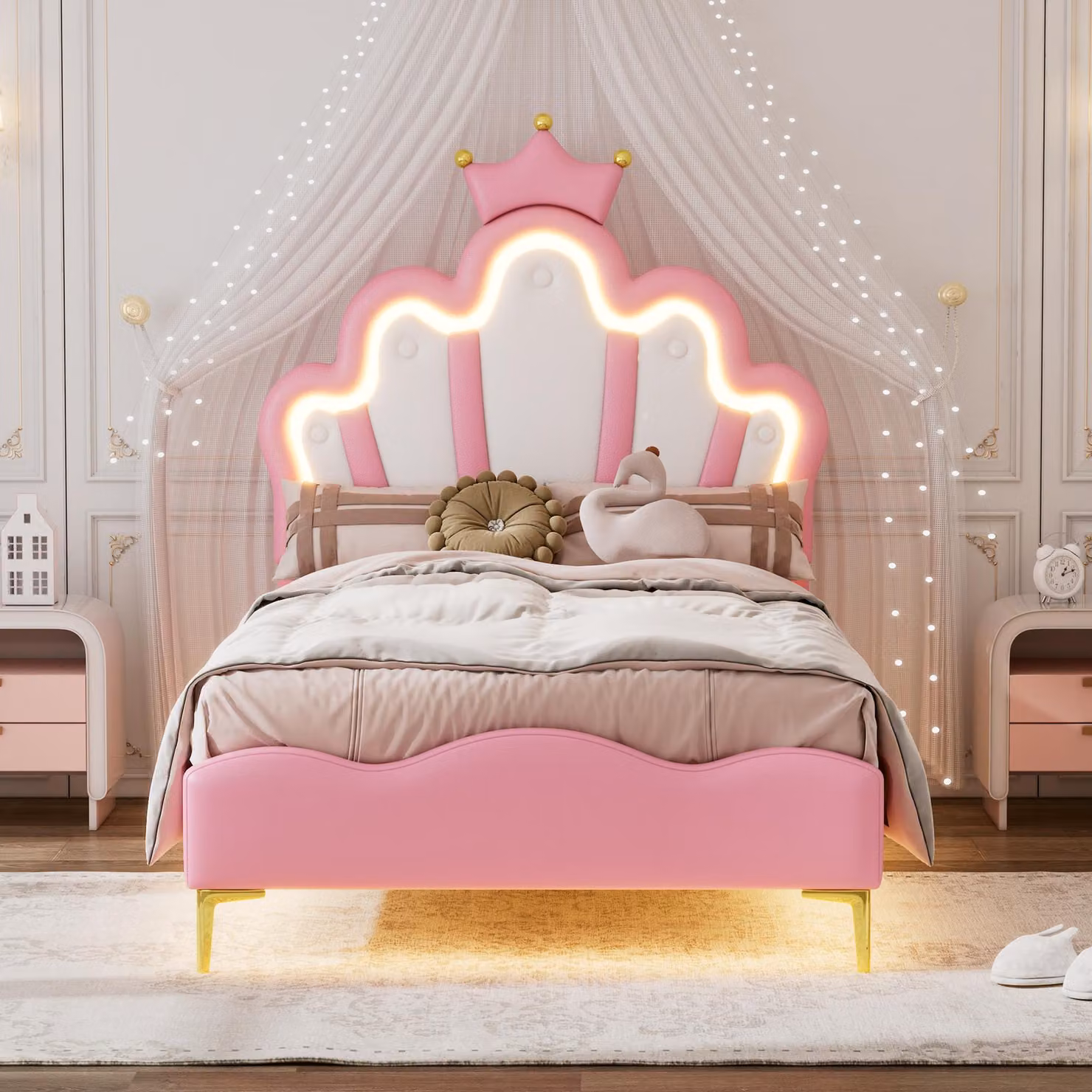 Letto imbottito 90 x 200 cm con testiera a forma di nuvola, illuminazione a LED e decorazioni a tema "Krone", rivestito in ecopelle, con 12 listelli regolabili in altezza, colore rosa