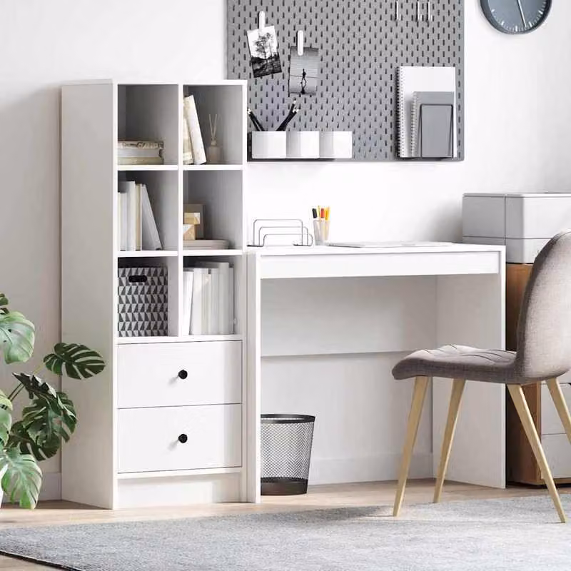 Scrivania con spazio contenitore e ripiano - 90x40x76 cm - Legno bianco - Design moderno