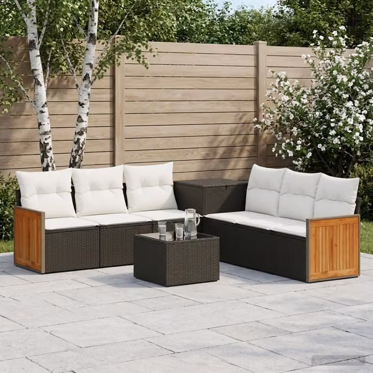 Set di divani da giardino vidaXL a forma di U in polyrattan nero e bianco crema con cuscini e tavolino da caffè