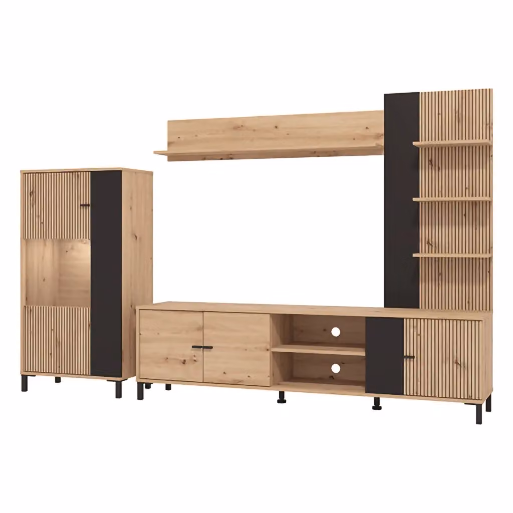 Parete Attrezzata Mobile Soggiorno Petrona DMORA in Rovere Marrone con Ante in Vetro e Ripiani, L: 263 cm, P: 40 cm, H: 167 cm – 2