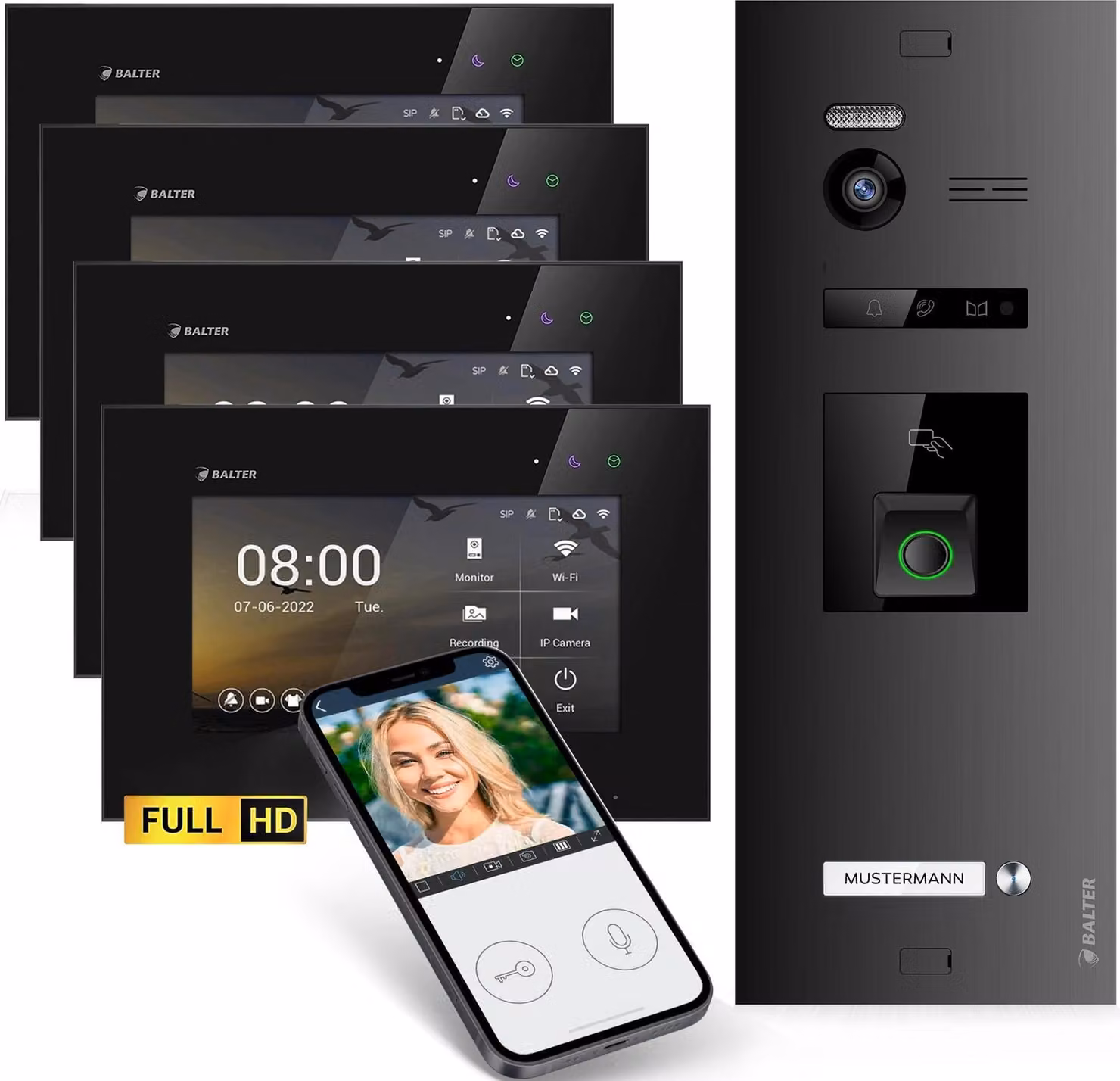 Videocitofono HD con impronta digitale RFID e app per smartphone per case monofamiliari, 4x monitor, Balter EVO HD Fingerprint