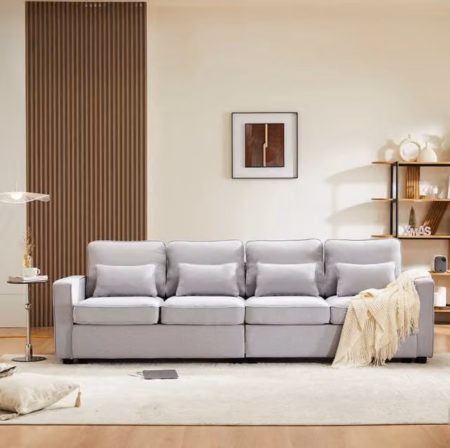 Sofa a 4 posti in effetto lino grigio con tasche laterali; 264x83x87 cm