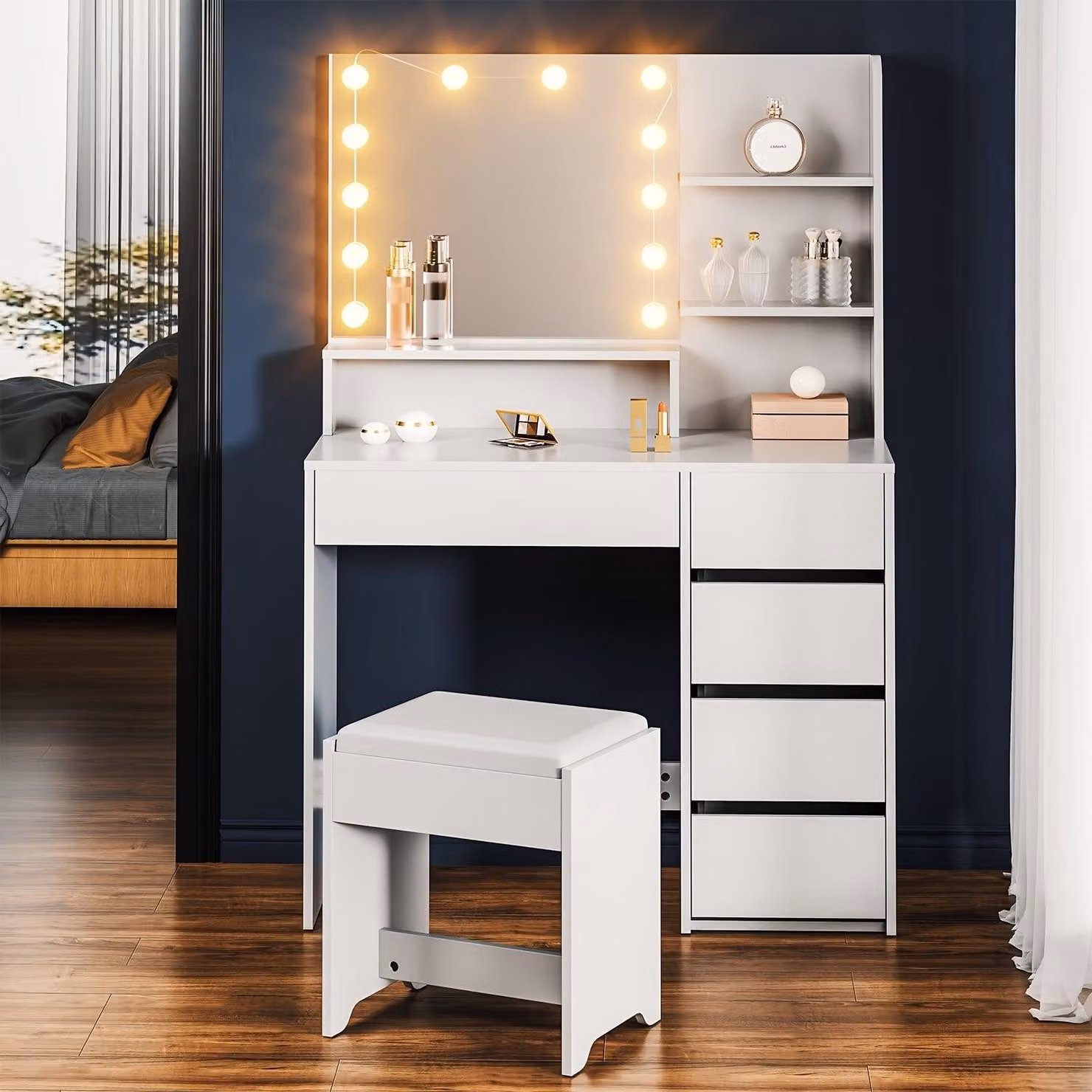 Tavolino da trucco - Comodino da trucco - Tavolino per il trucco - Comodino - Tavolino per la bellezza - Comodino in metallo bianco