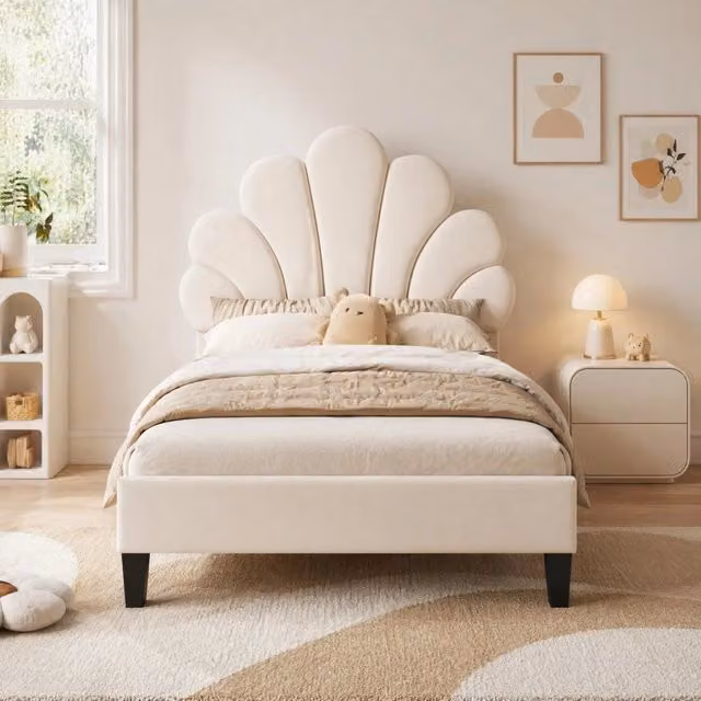 Letto imbottito MODFU in velluto beige con testiera a forma di fiore L/P/H: 206 x 90 x 110,5 cm