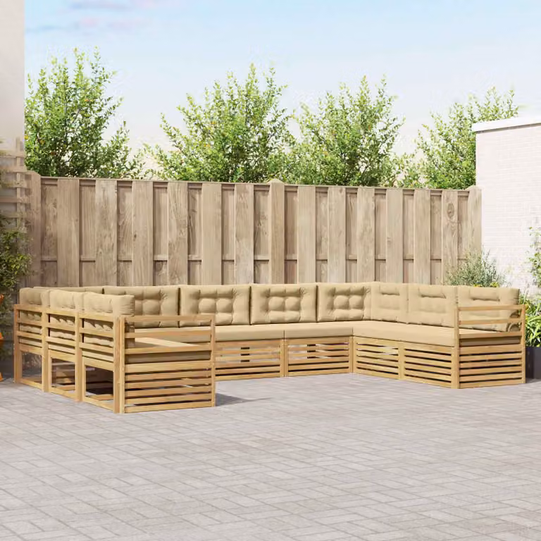vidaXL Set di divani da esterno a L in legno di acacia con cuscini, Bianco e Beige