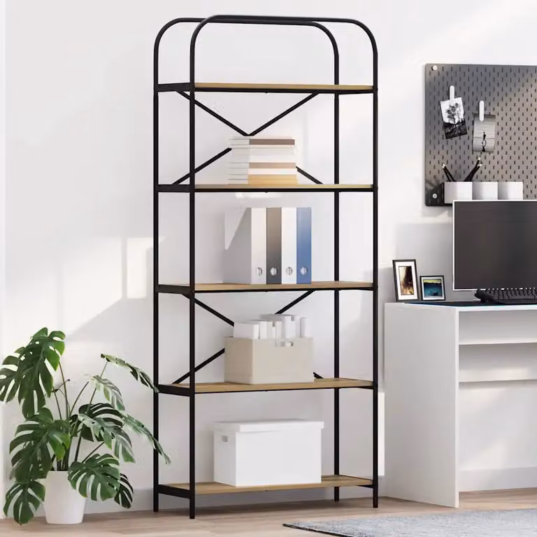 Libreria moderna vidaXL a 5 livelli in legno MDF e metallo, marrone e nero, L 80 cm x P 30 cm x H 183 cm